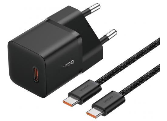 Baseus GaN5 Fast Charger (mini) 1C 20W EU Cluster Black (With: Baseus Dynamic 3 Series Fast Charging Data Cable Type-C to Type-C 100W 1m Cluster Black)